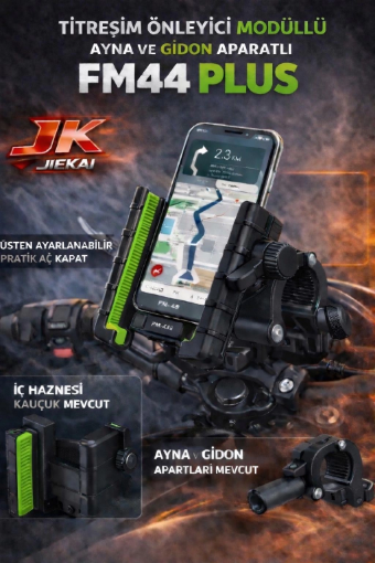 JIEKAI FM-44 PLUS Titreşim Modüllü Motosiklet Telefon Tutucu – Ayna ve Gidon Aparatlı Universal Neon Yeşil resmi