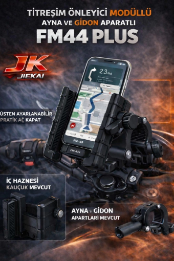 JIEKAI FM-44 PLUS Titreşim Modüllü Motosiklet Telefon Tutucu – Ayna ve Gidon Aparatlı Universal Siyah resmi